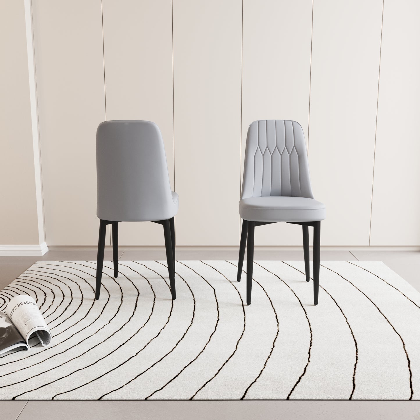 Light grey upholstered dining chair with diamond tufting and black legs