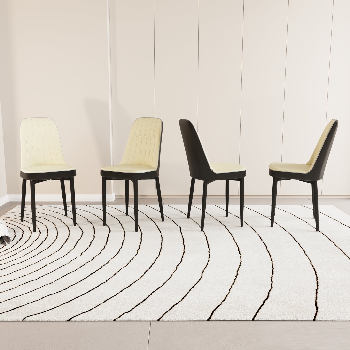 Cream upholstered dining chairs with black legs arranged on a modern rug