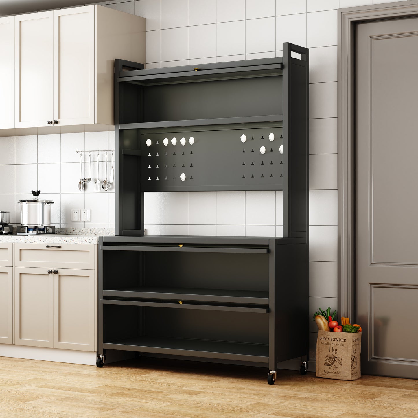 Modern black metal kitchen shelving unit with open shelves and hooks