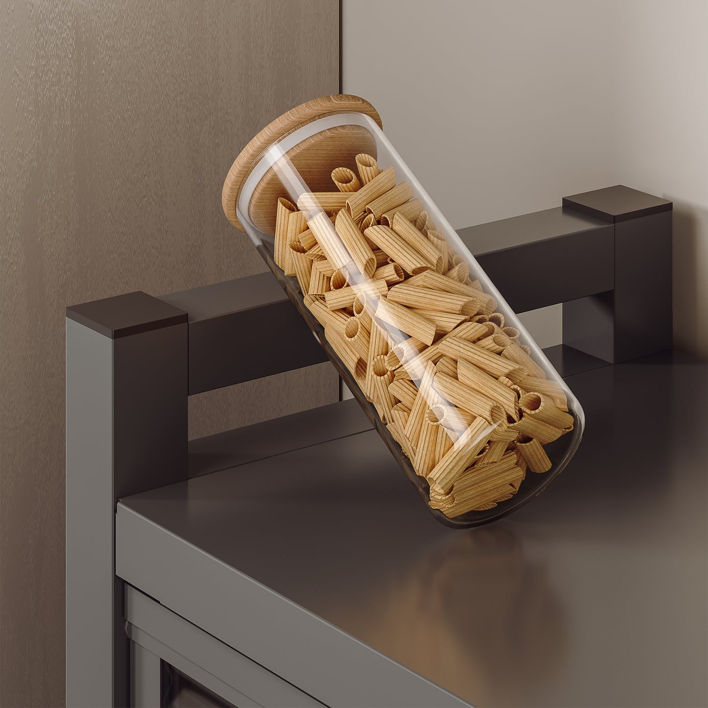 Glass pasta jar with wooden lid filled with penne rigate