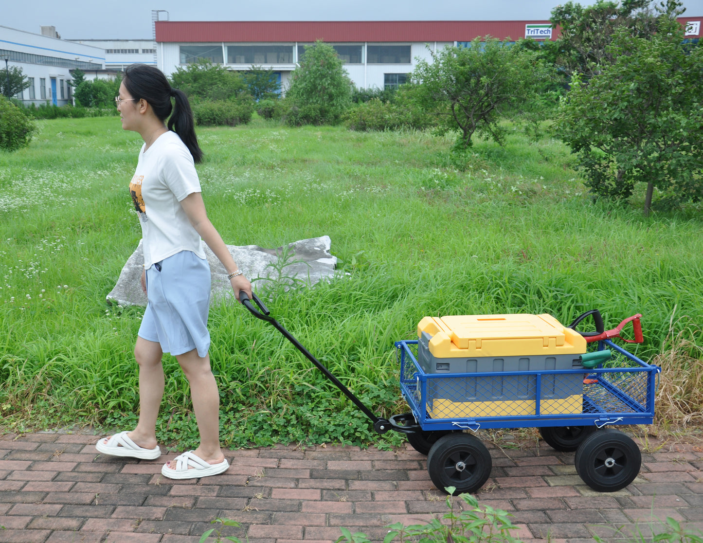 Yellow and gray heavyduty cooler on a blue garden utility cart for outdoor events