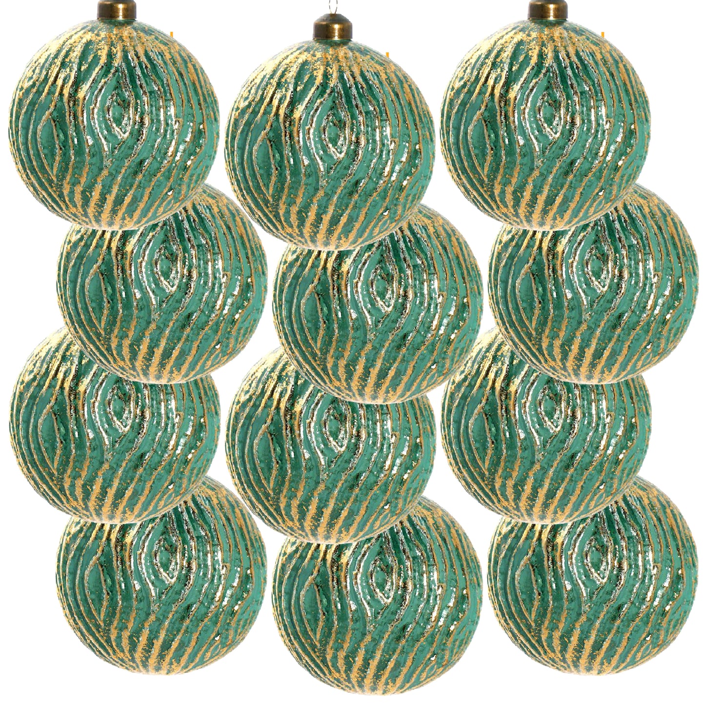 Textured emerald green Christmas baubles with gold accents
