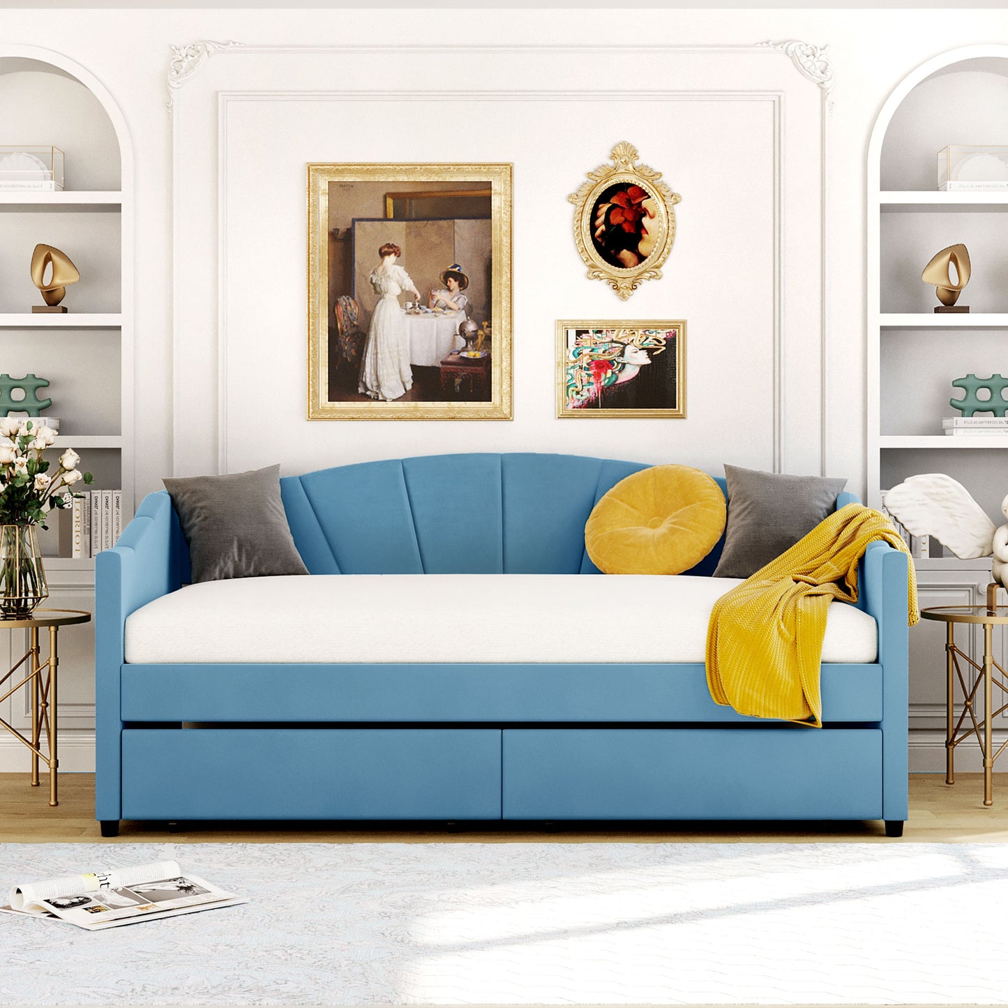 Blue fabric daybed with pullout trundle and storage drawers