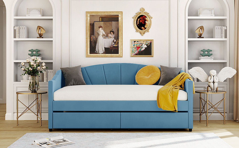 Turquoise velvet daybed with pullout trundle and tufted fan back design