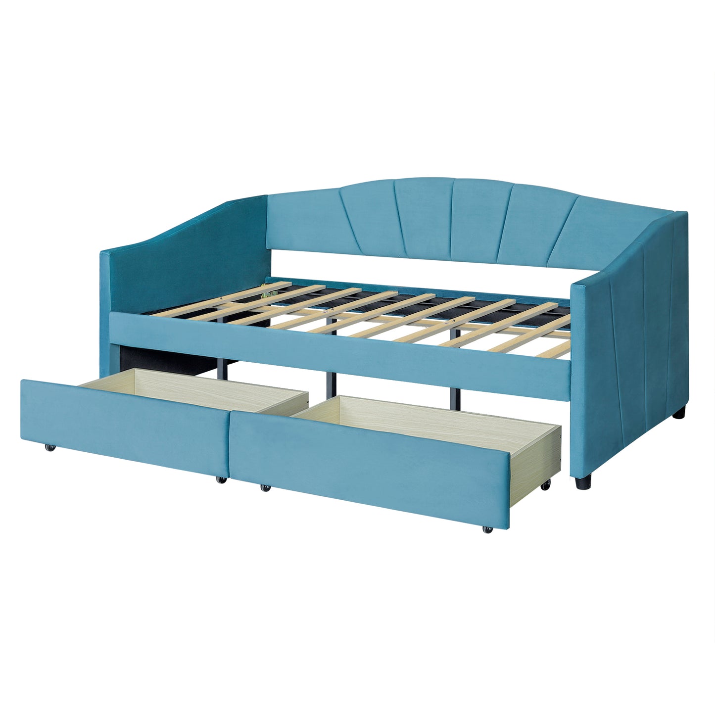 Teal blue upholstered daybed with two pullout storage drawers