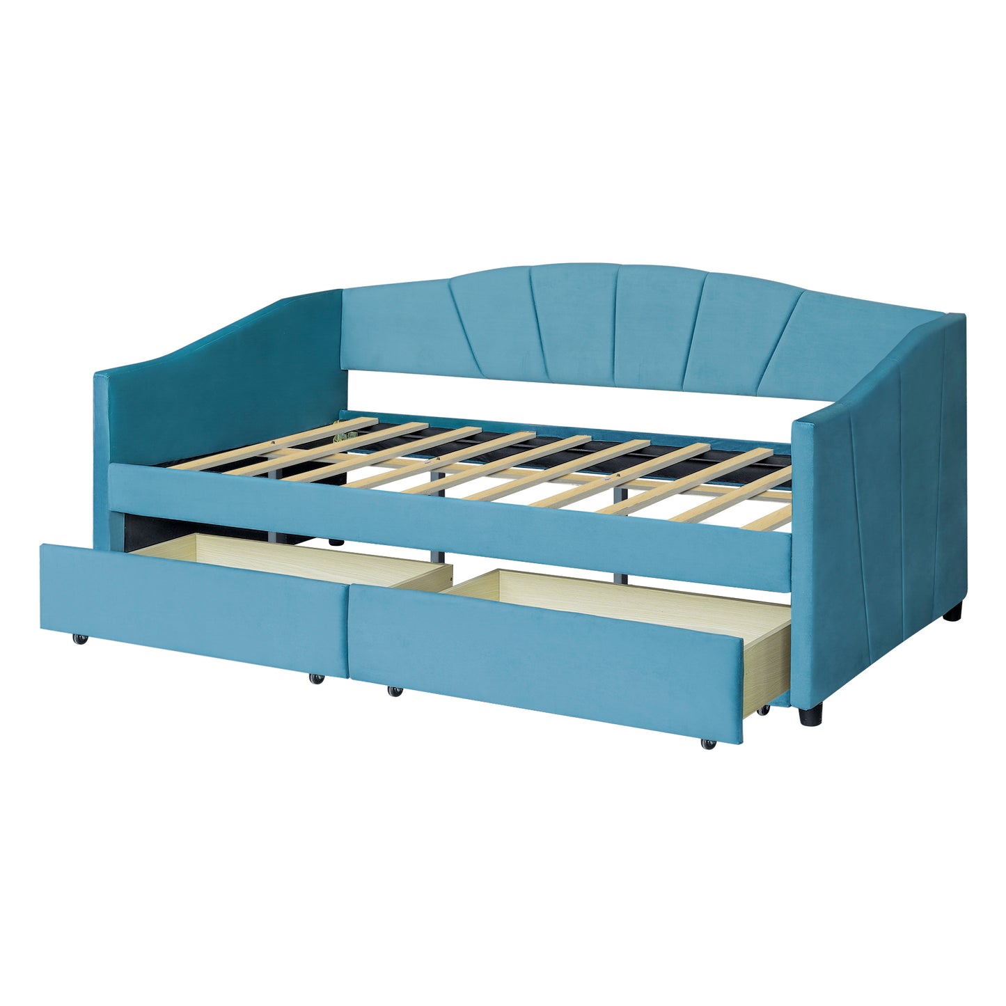 Teal velvet daybed with channeled headboard and pullout drawers