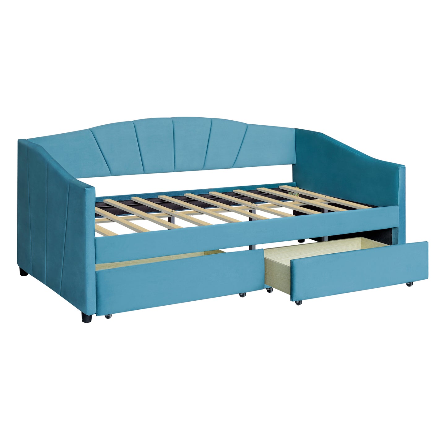 Turquoise upholstered daybed with fanshaped headboard and pullout drawer