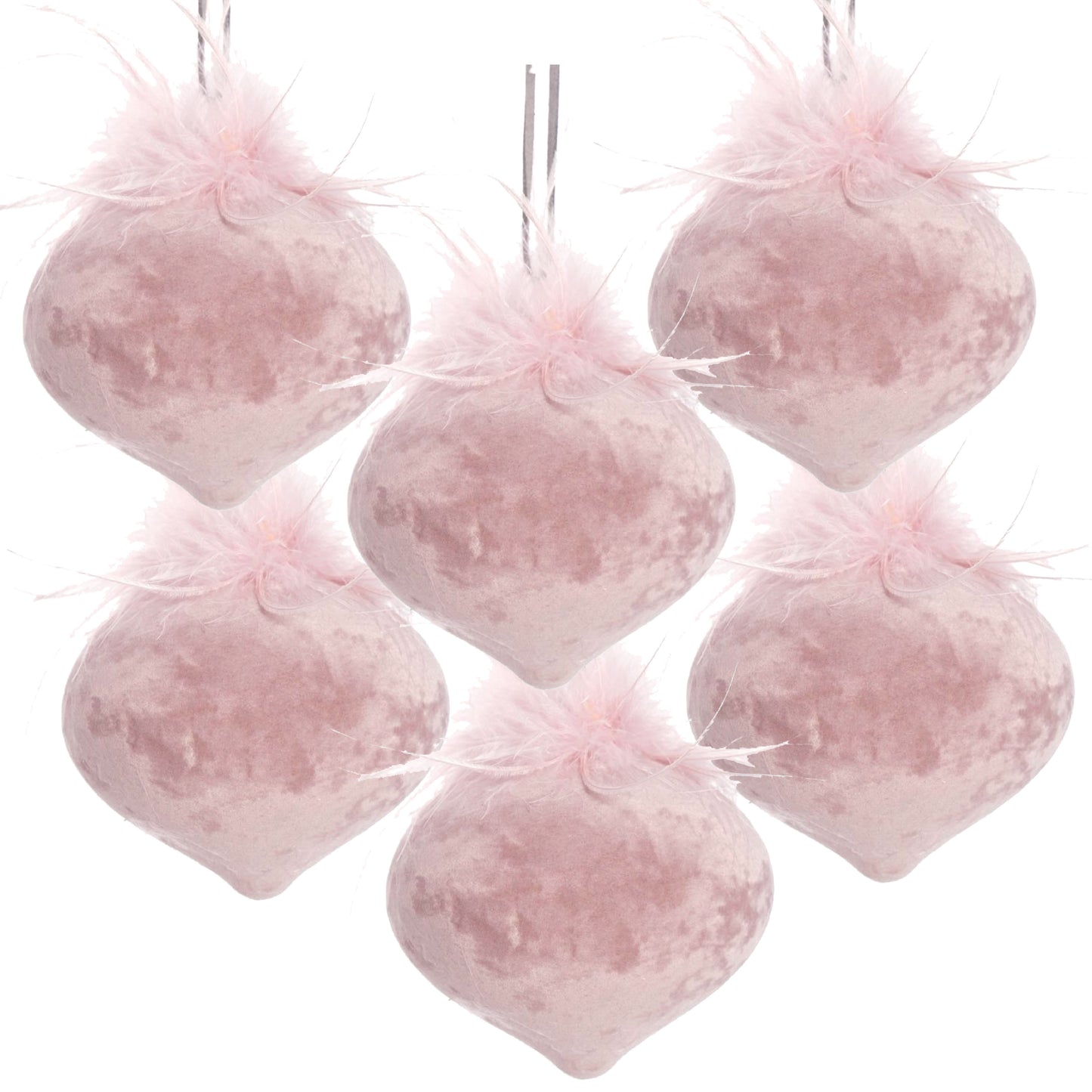 Set of six blush pink velvet heart ornaments with delicate feather accents