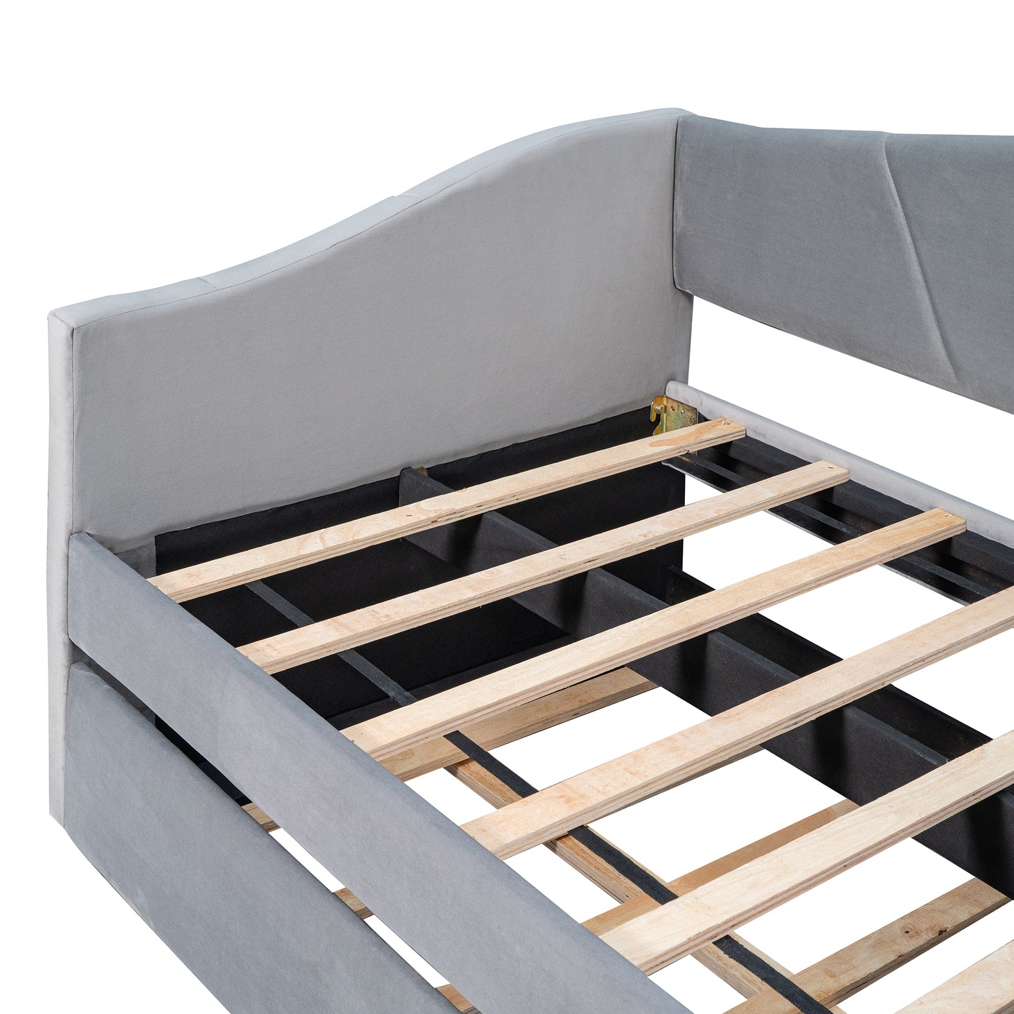 Gray upholstered daybed frame with wooden slats