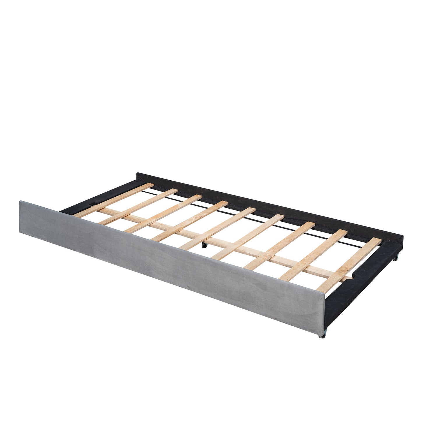 Gray upholstered bed frame with wooden slats