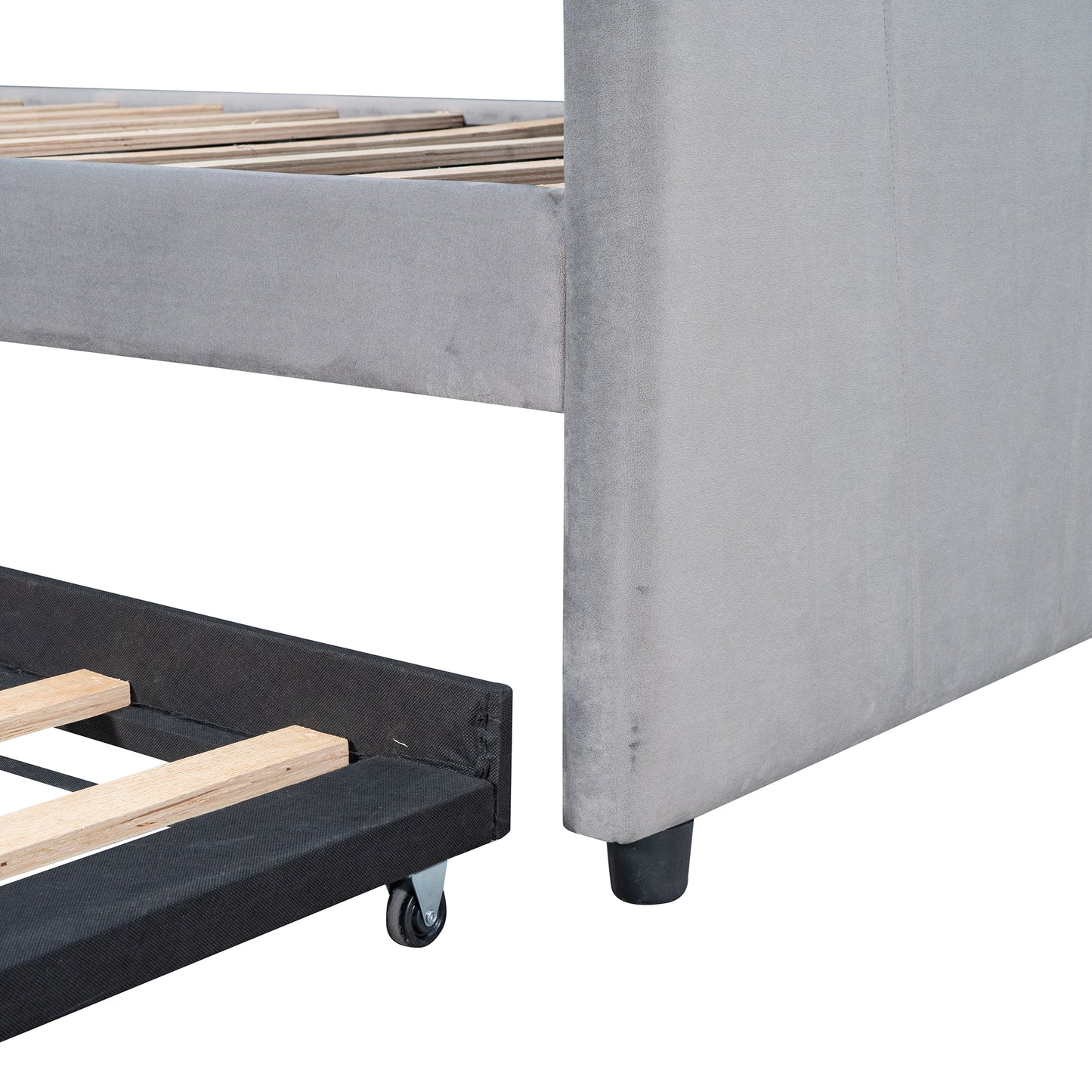 Gray velvet bed frame with wooden slats