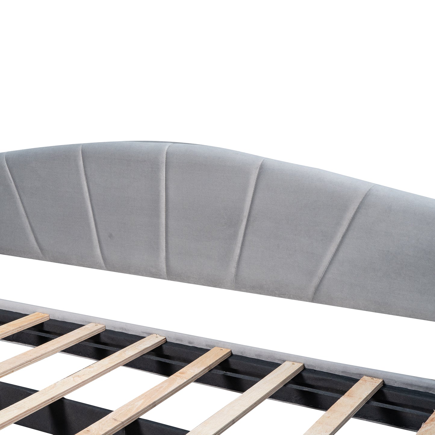 Gray velvet bed frame with tufted headboard