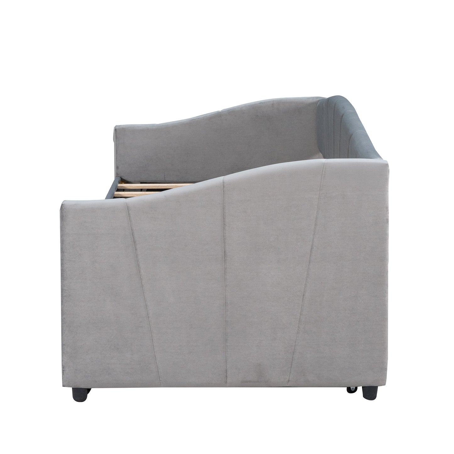 Gray velvet daybed with piped seams and wooden slat base