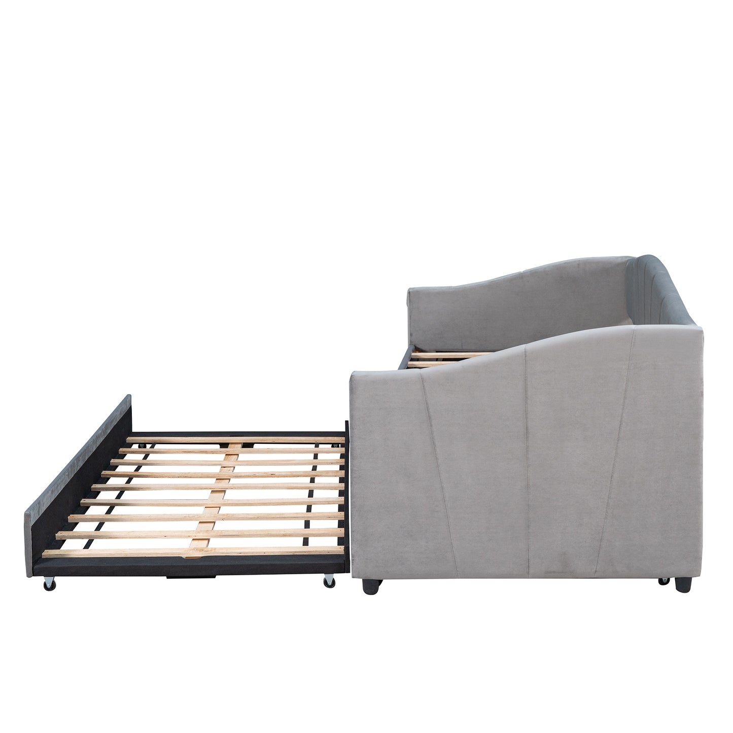 Gray upholstered daybed with pullout trundle bed frame
