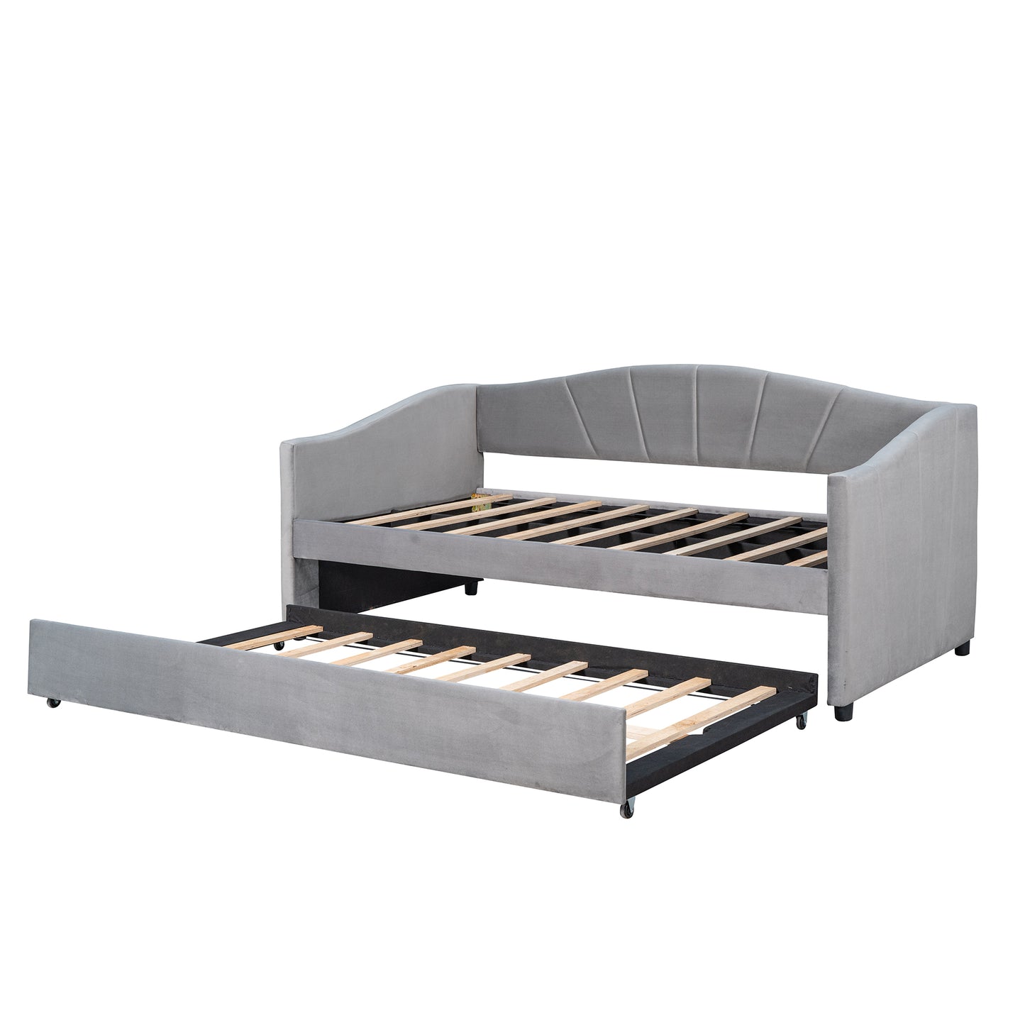 Gray velvet daybed with pullout trundle and tufted headboard
