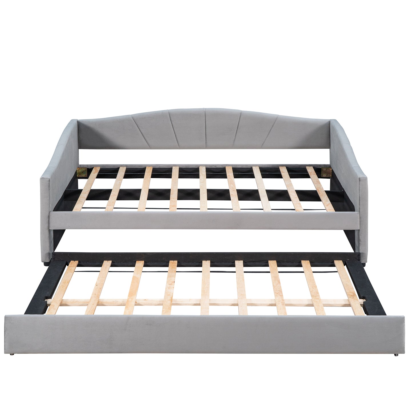 Grey velvet daybed with pullout trundle bed and wooden slats