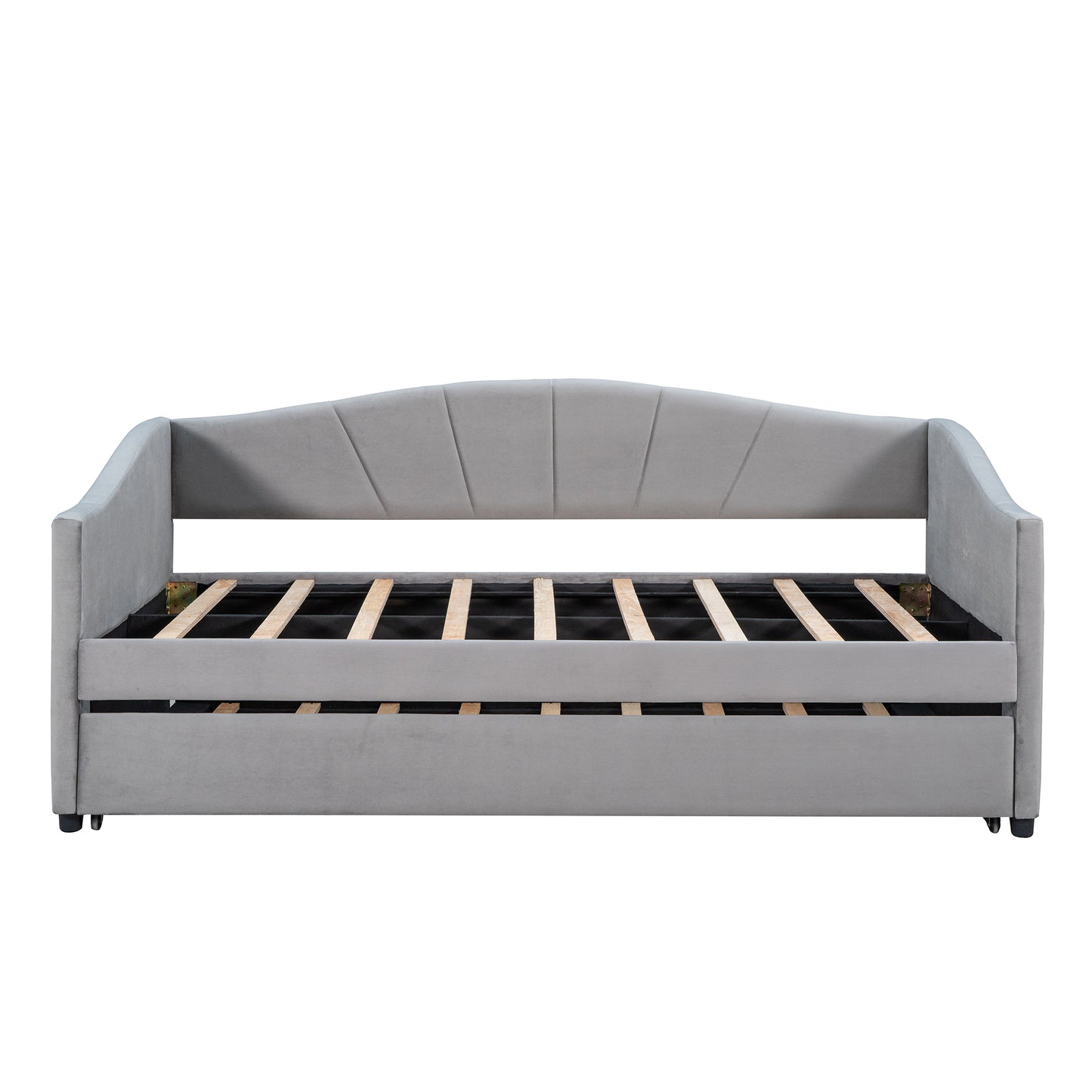 Grey velvet daybed with tufted back and pullout trundle