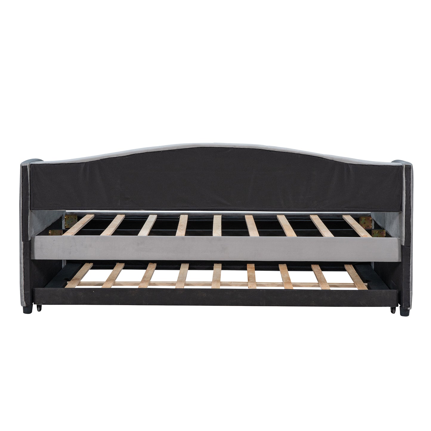 Grey fabric daybed frame with pullout trundle and wooden slats