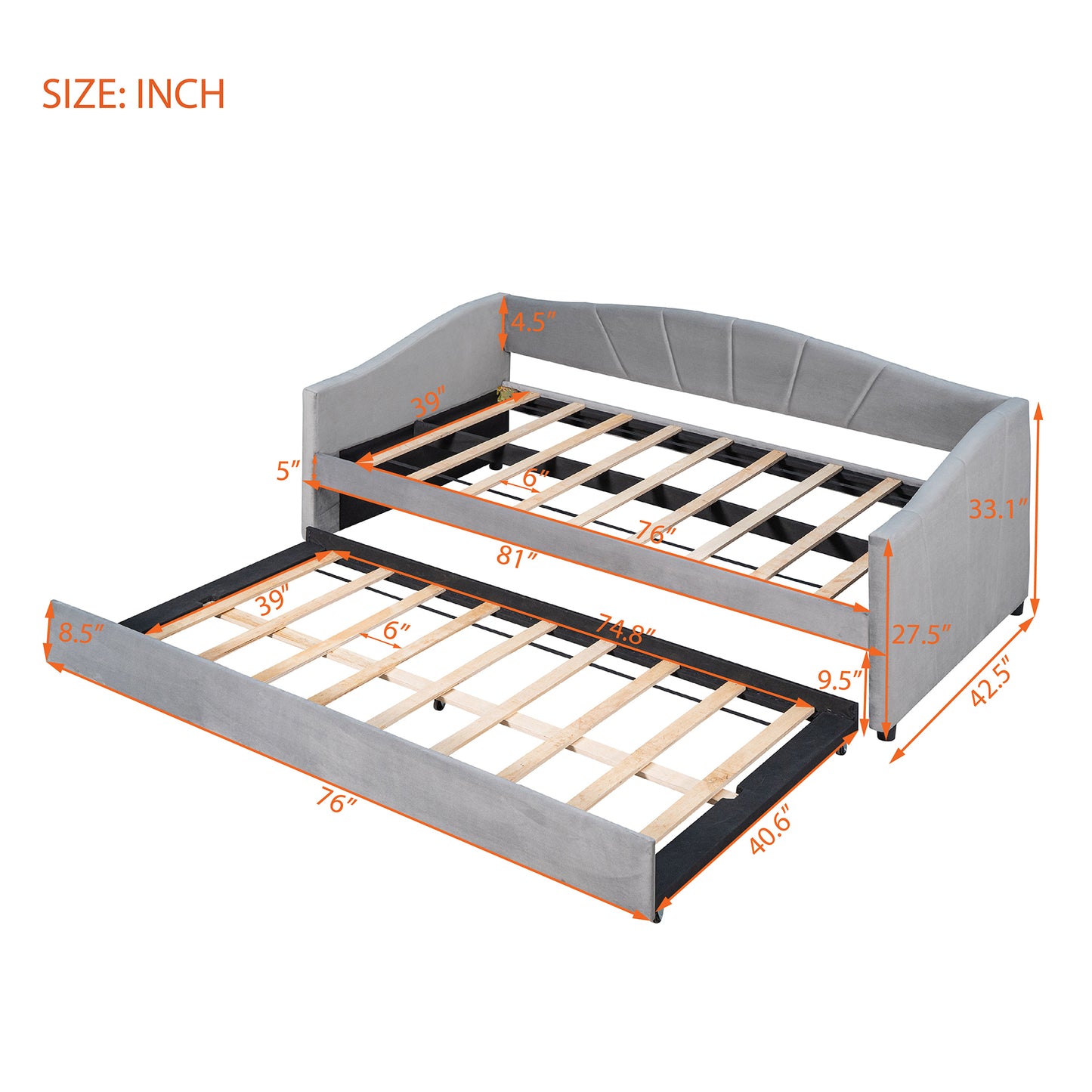 Gray fabric daybed with pullout trundle and wooden slats