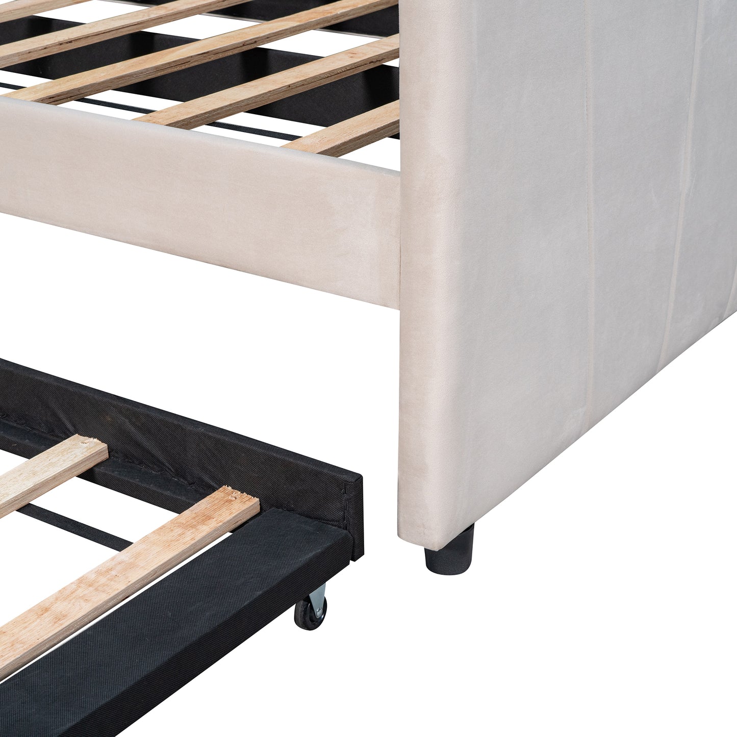Upholstered beige bed frame with wooden slats