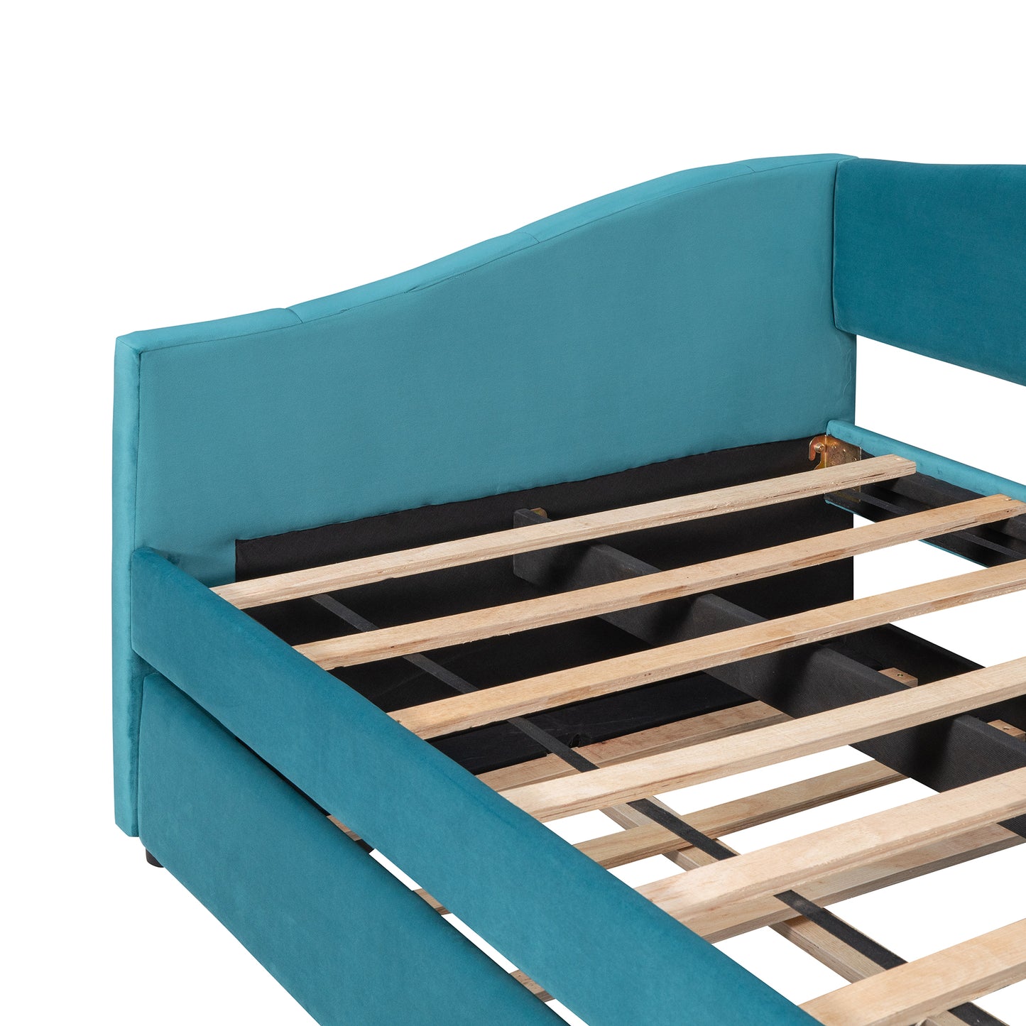 Teal upholstered daybed frame with wooden slats