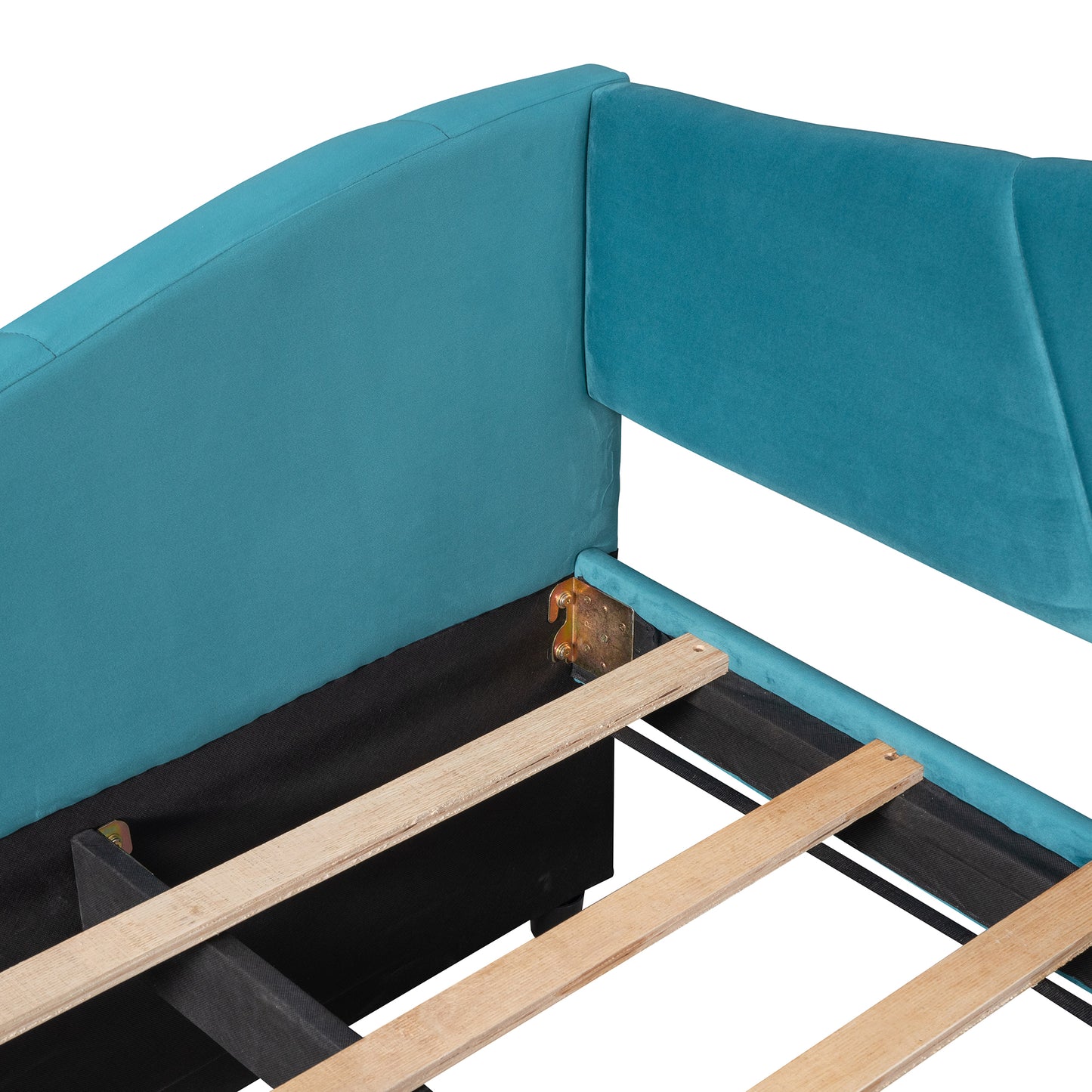 Teal upholstered bed frame detail with wooden slats and hardware