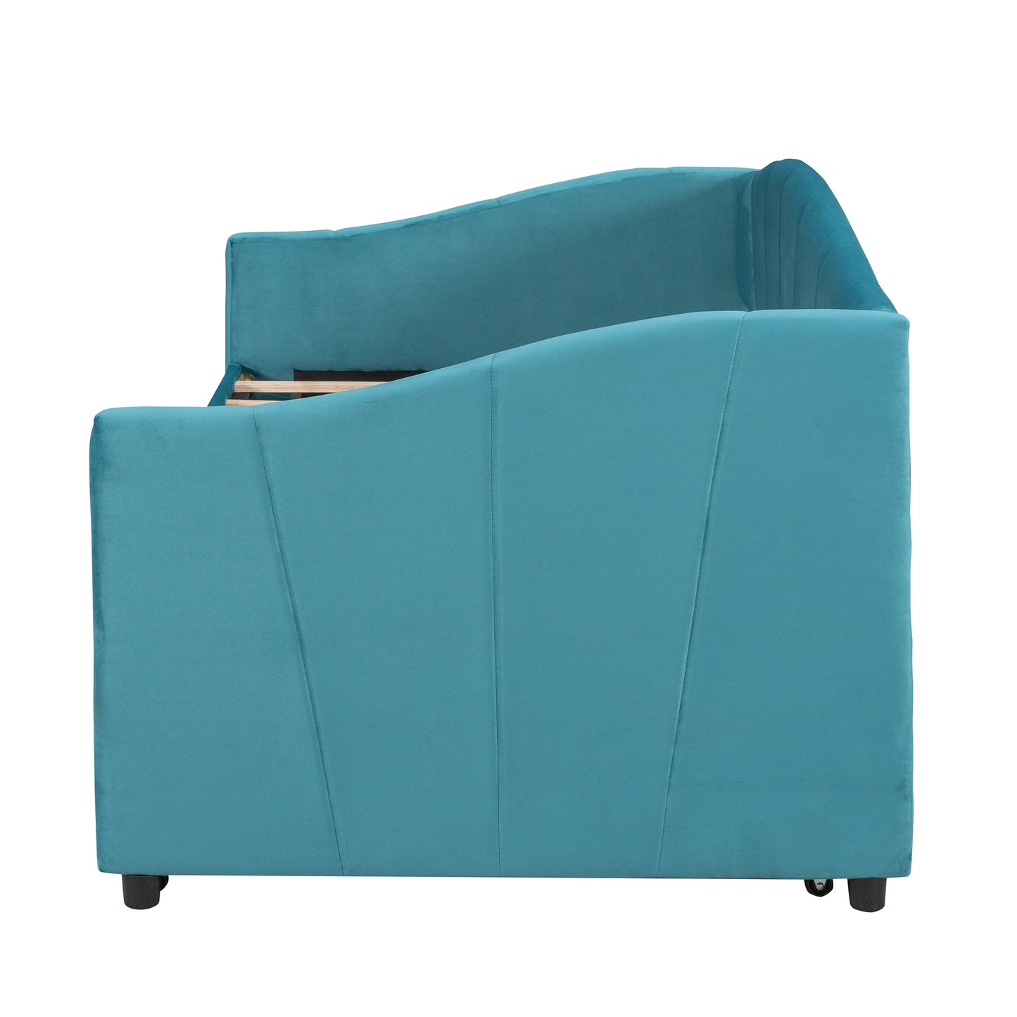 Turquoise velvet daybed with upholstered curved armrest and channel tufting