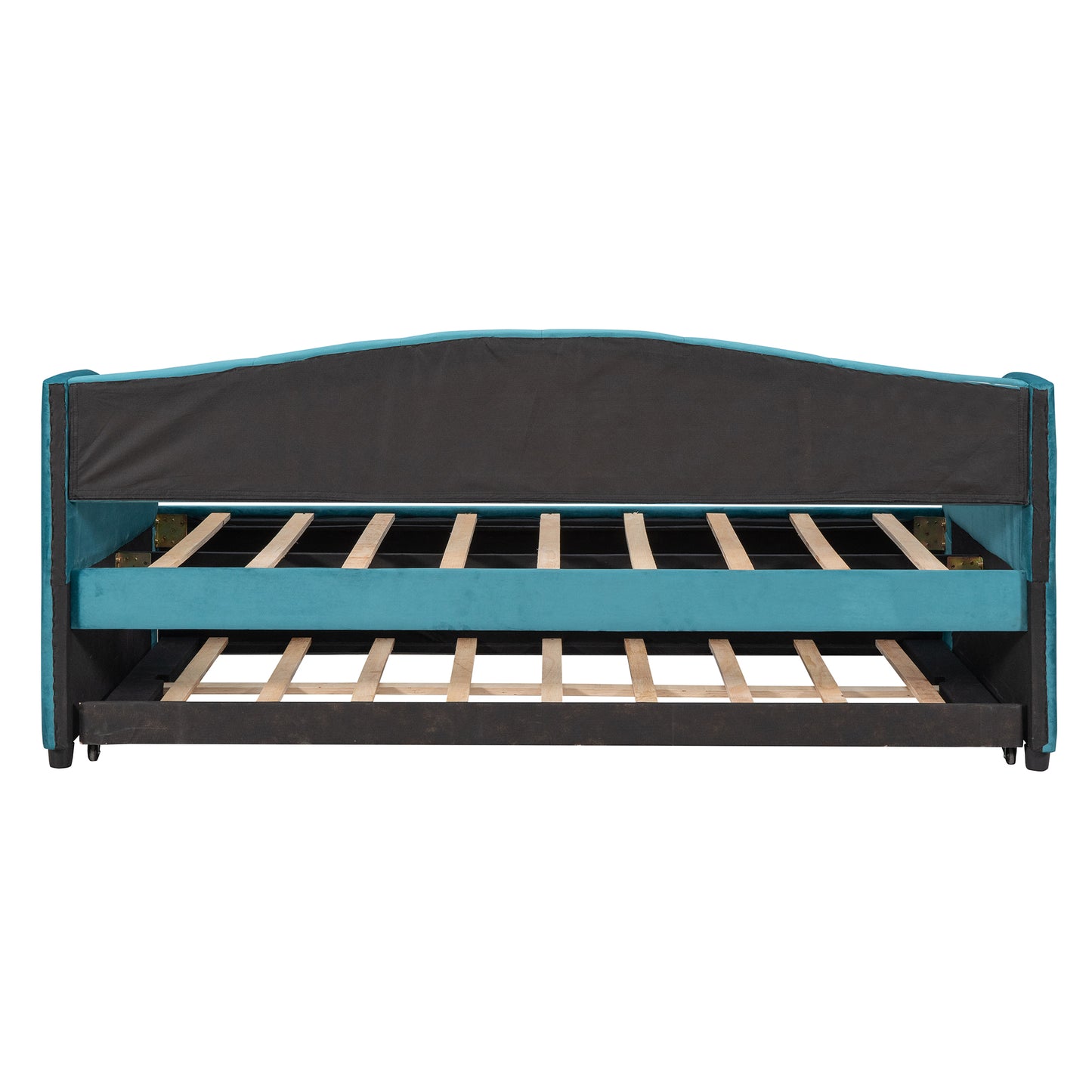 Turquoise velvet daybed with pullout trundle and wooden slats functional for guest rooms