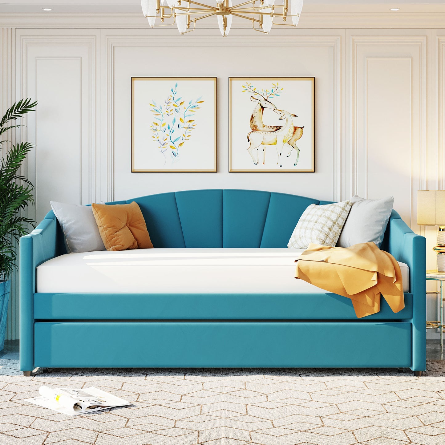 Turquoise velvet daybed with fanshaped headboard and pullout trundle for guest room