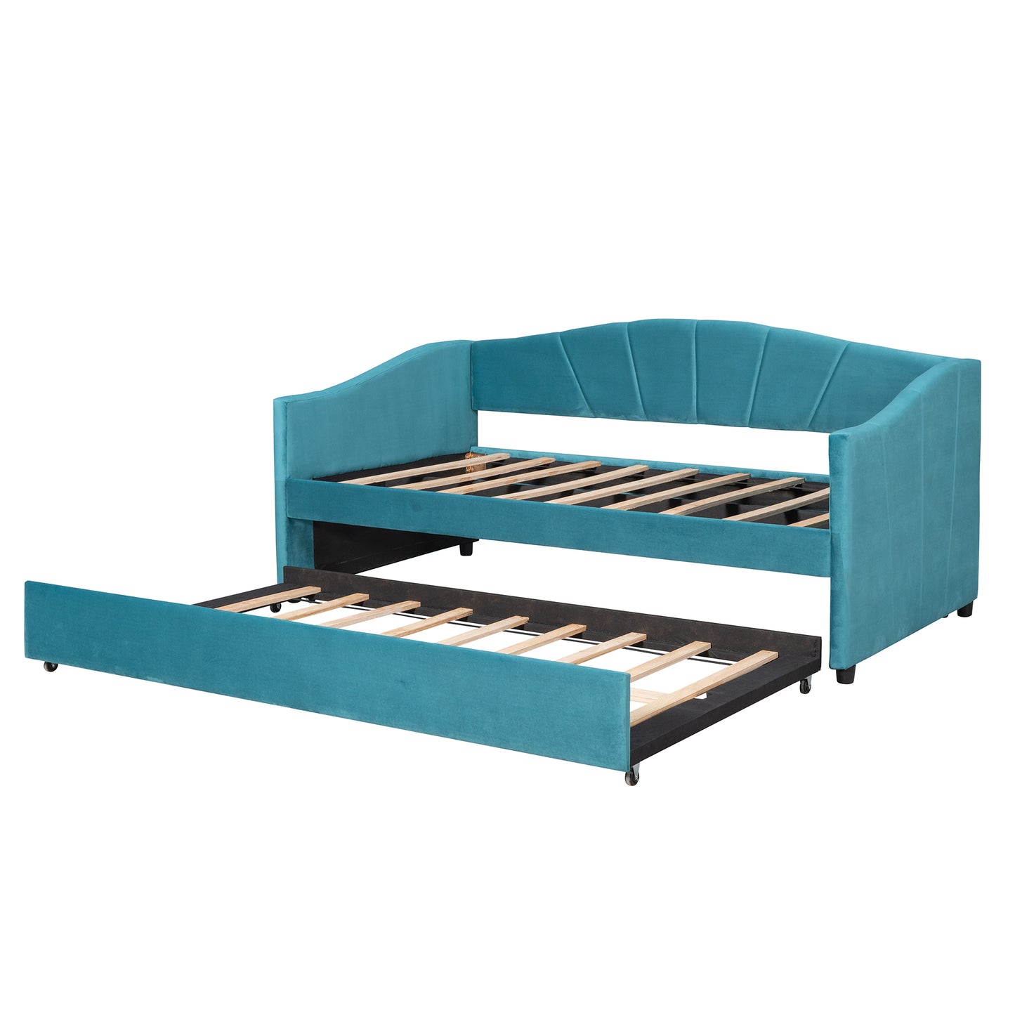 Teal velvet daybed with trundle featuring channel tufting and wooden slats for comfort