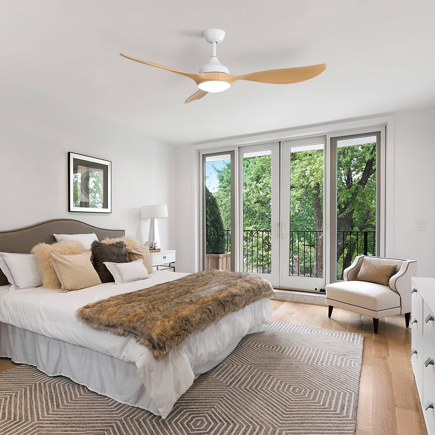 Modern white ceiling fan with natural wood blades and integrated LED light