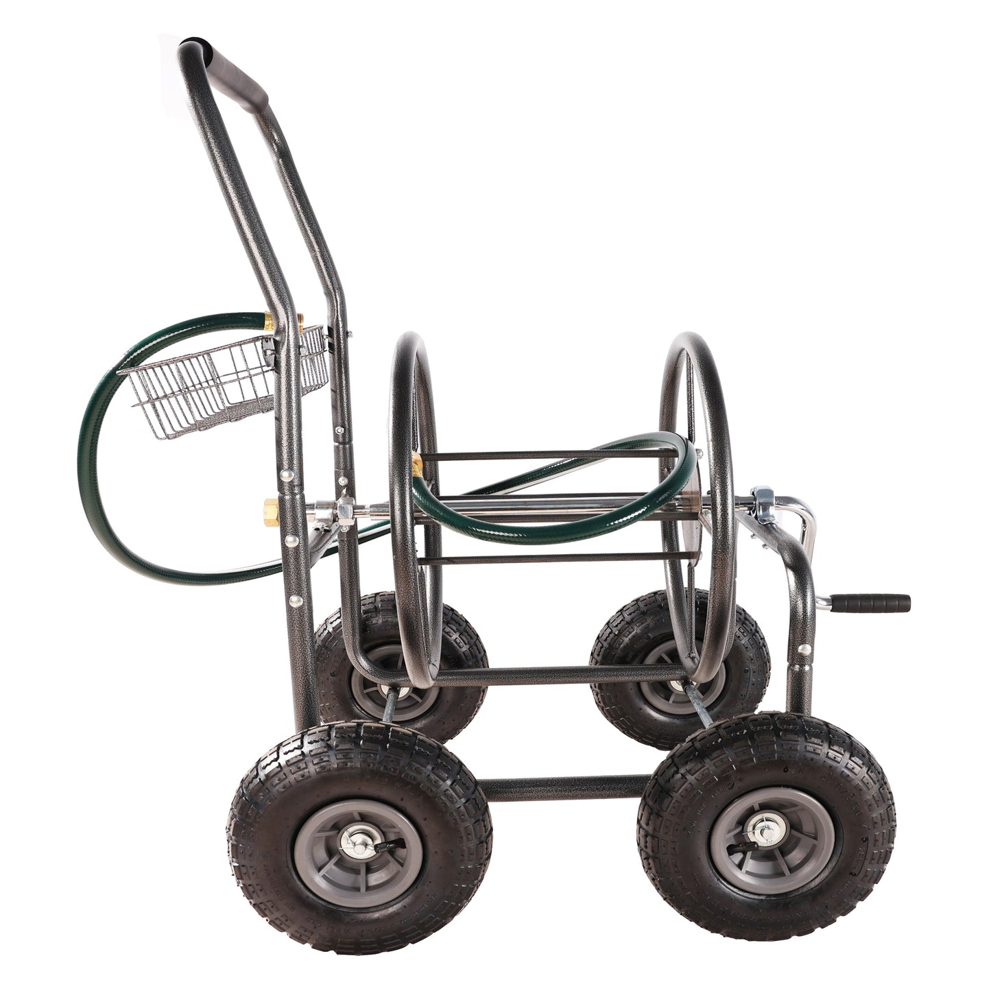 Heavyduty garden hose reel cart with large pneumatic tires for easy maneuvering