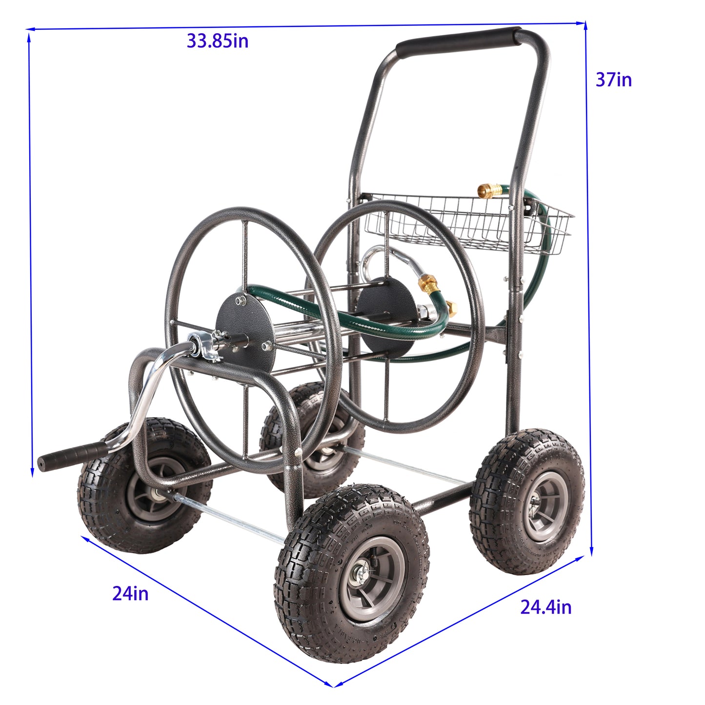 Gray metal rolling garden hose cart with two spools large wheels and a storage basket
