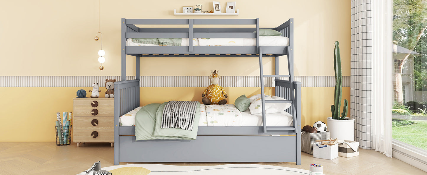 Grey wood triple bunk bed with bedding and stuffed animals