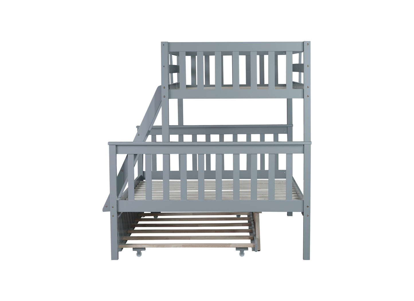 Grey wooden triple bunk bed with pullout trundle