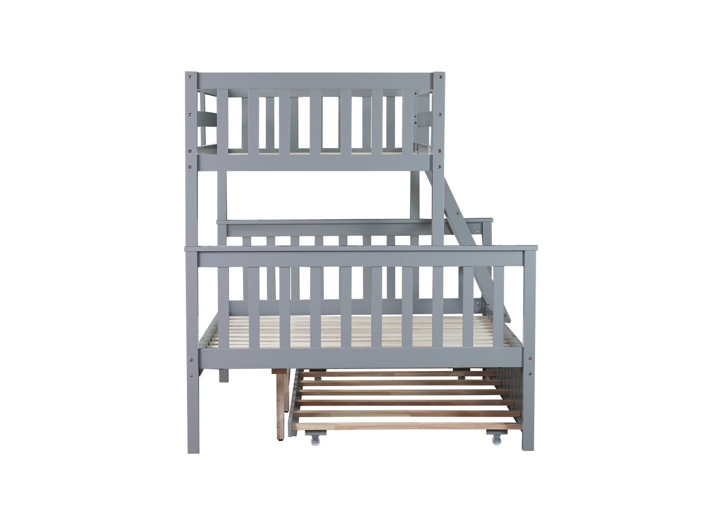 Gray wooden triple bunk bed with pullout trundle