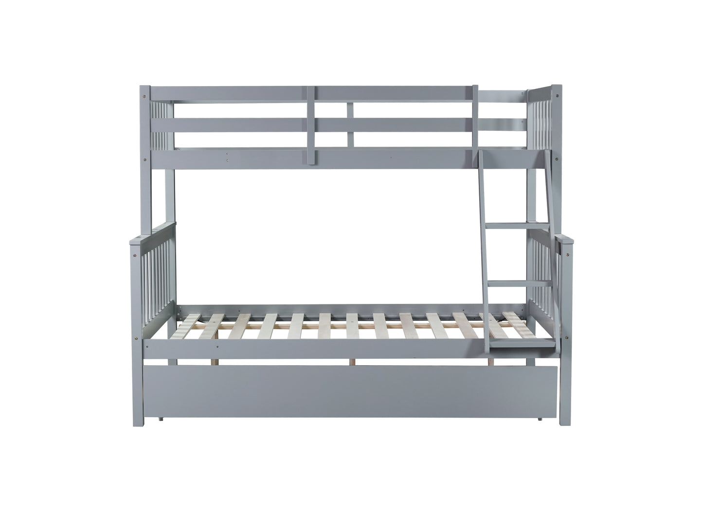 Gray wooden bunk bed with integrated ladder and slats for mattress support