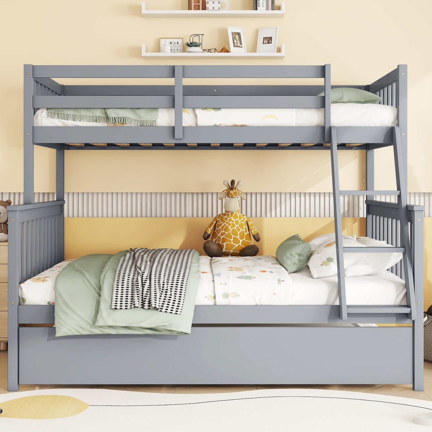 Gray wooden triple bunk bed with slide and storage drawers