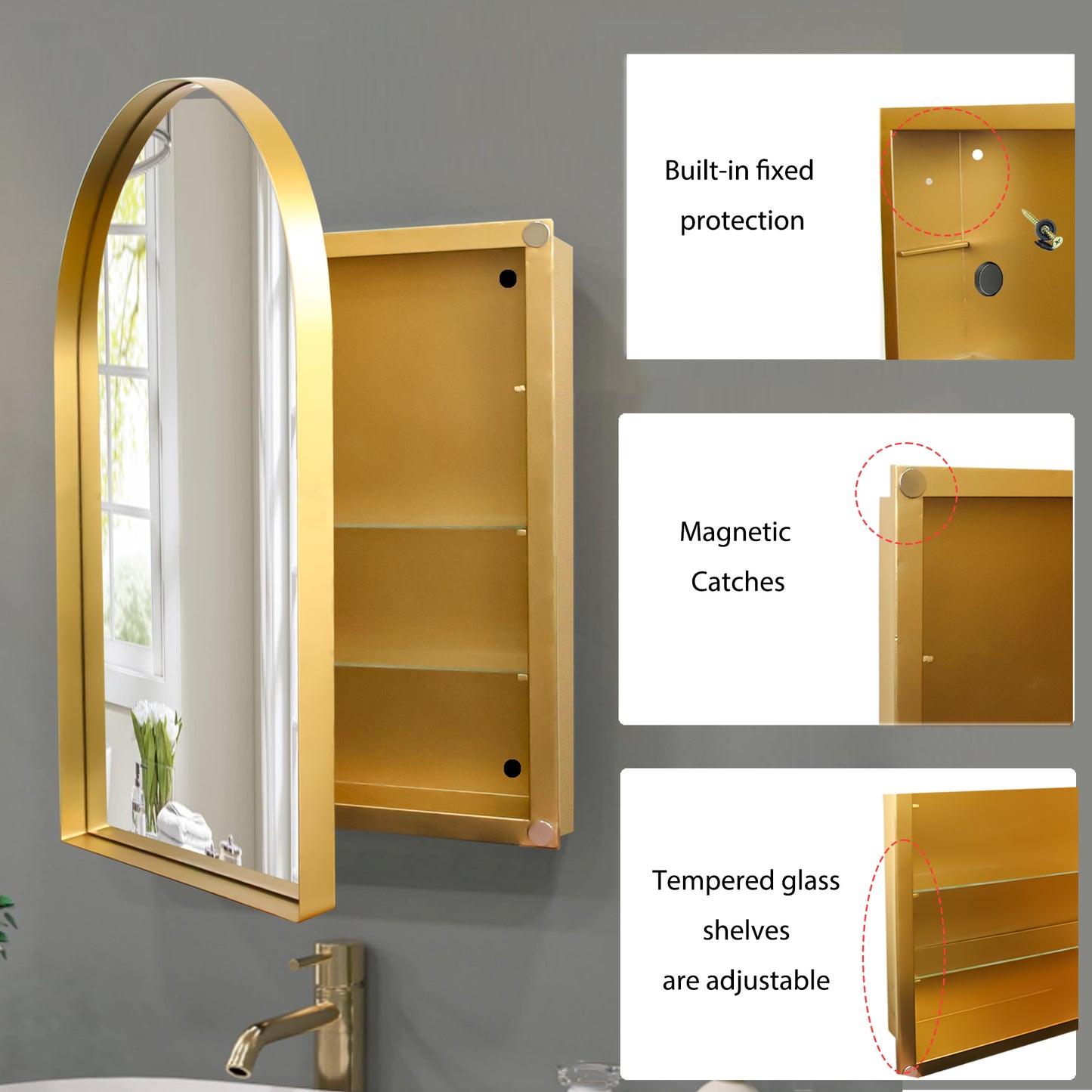 Gold arched medicine cabinet with mirrored door and adjustable glass shelves