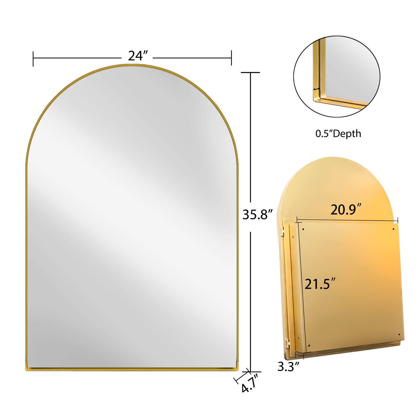 Gold arched vanity mirror W x H with slim metal frame for elegant home decor
