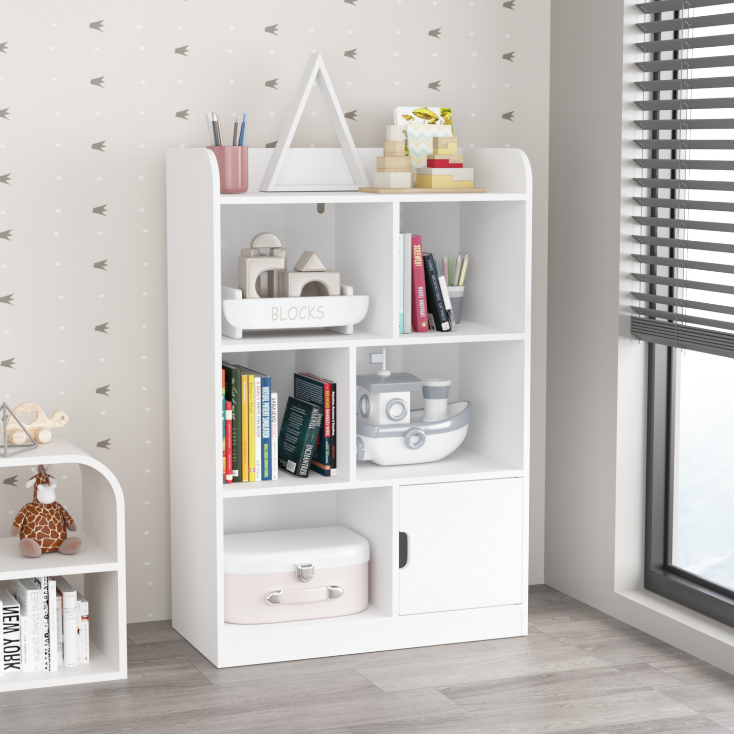White wooden bookshelf with toys books and storage box for a childs room