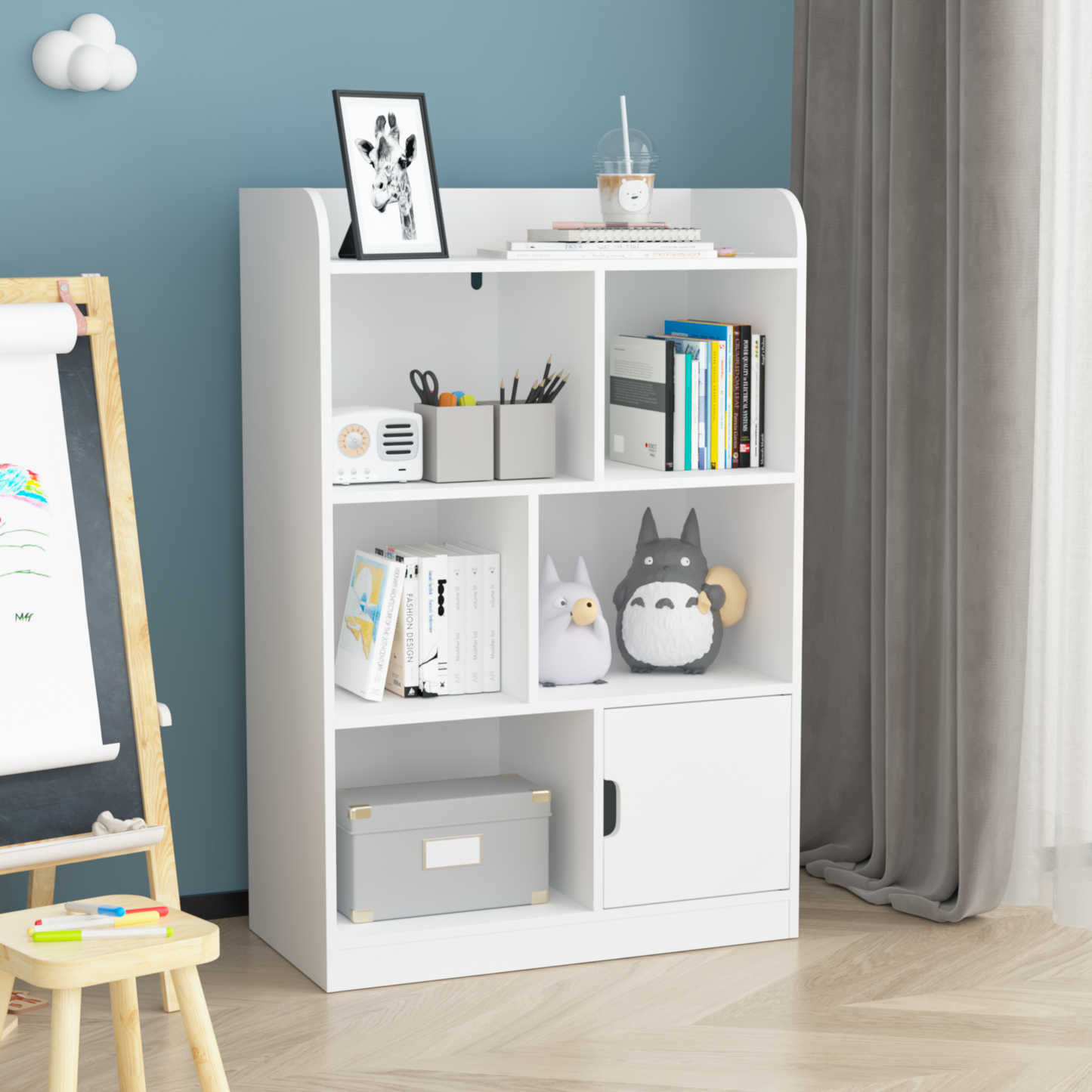 White modern bookshelf with decorative items and a framed giraffe print