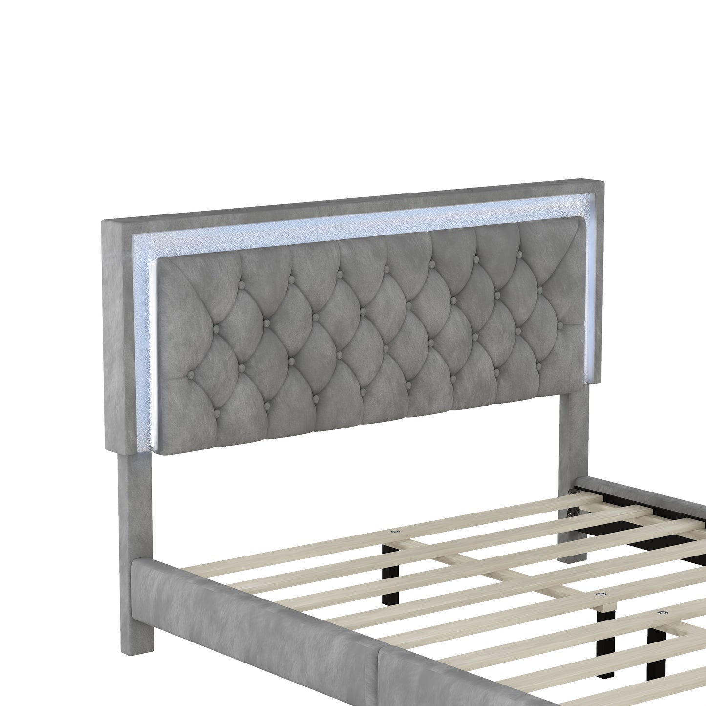 Tufted grey velvet bed frame with integrated LED lighting modern design