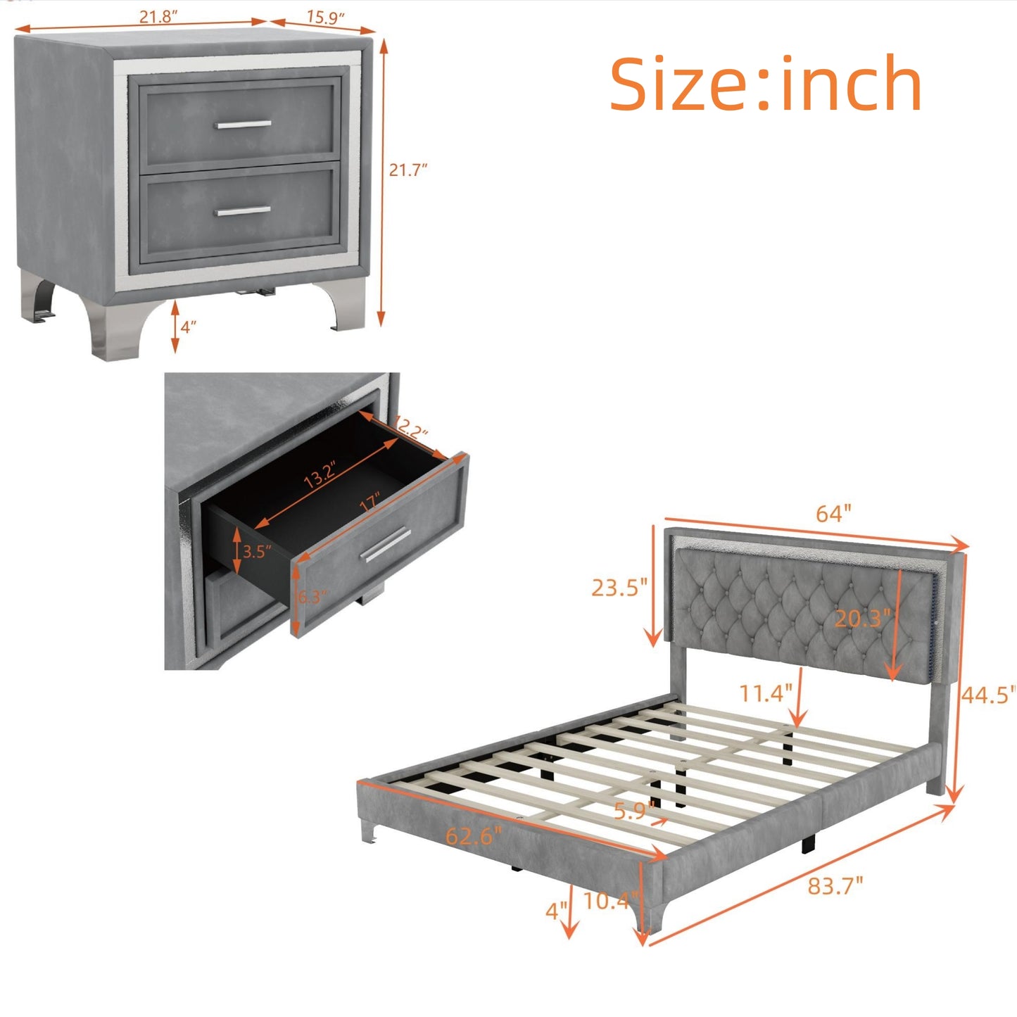 Grey velvet nightstand with silver trim and two drawers featuring metal legs