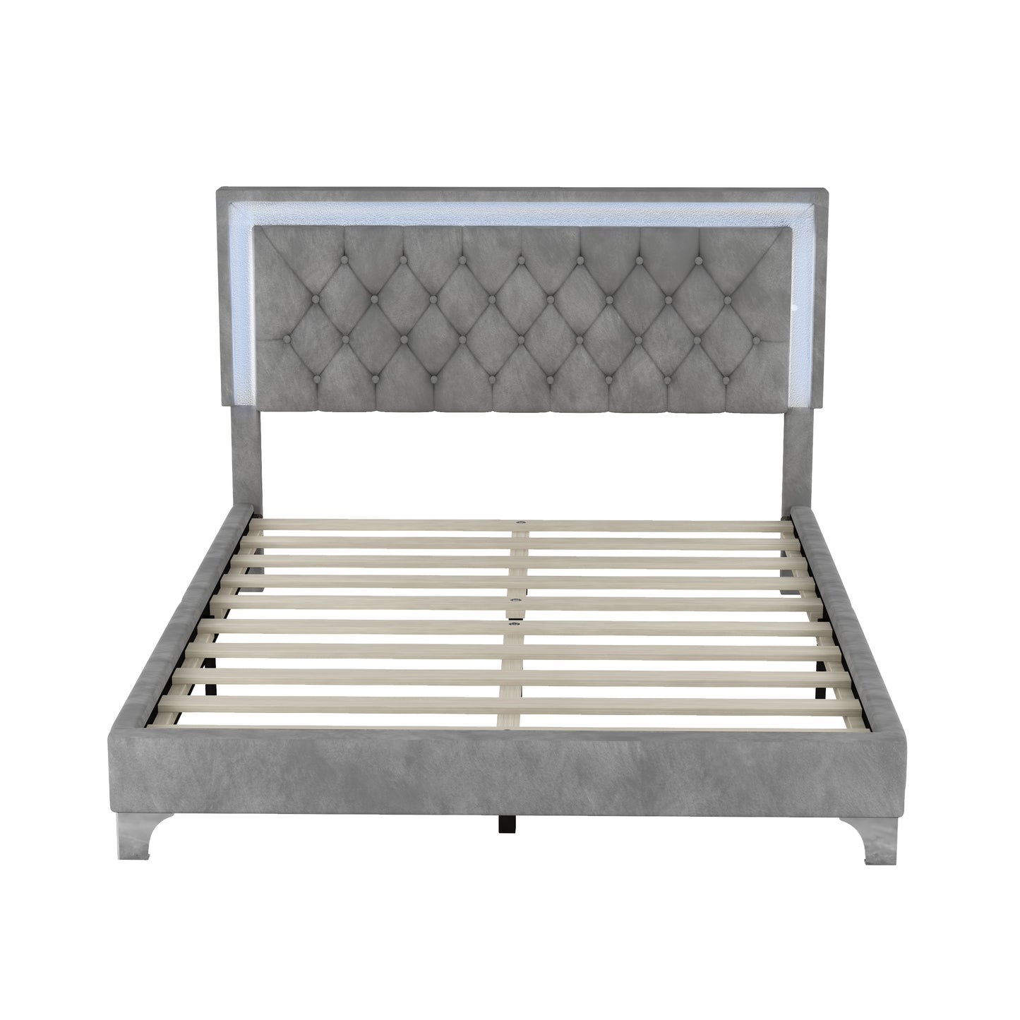 Tufted grey velvet bed frame with LED headboard modern platform bed