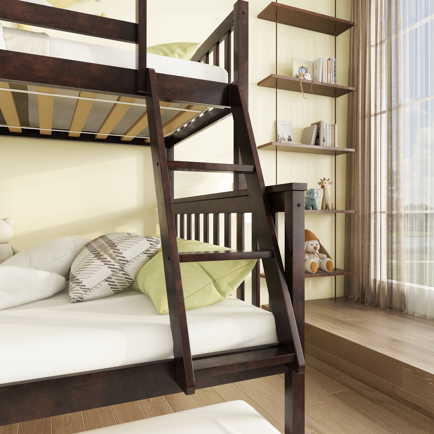 Dark brown wooden bunk bed with white mattresses and colorful pillows