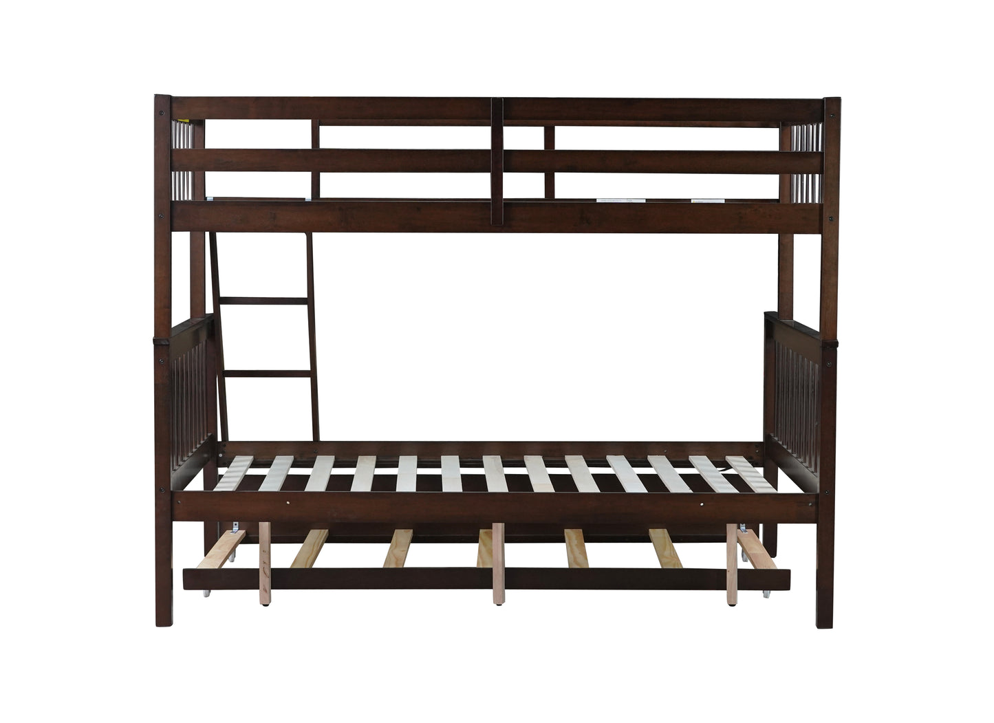 Dark wood twin over twin bunk bed with pullout trundle