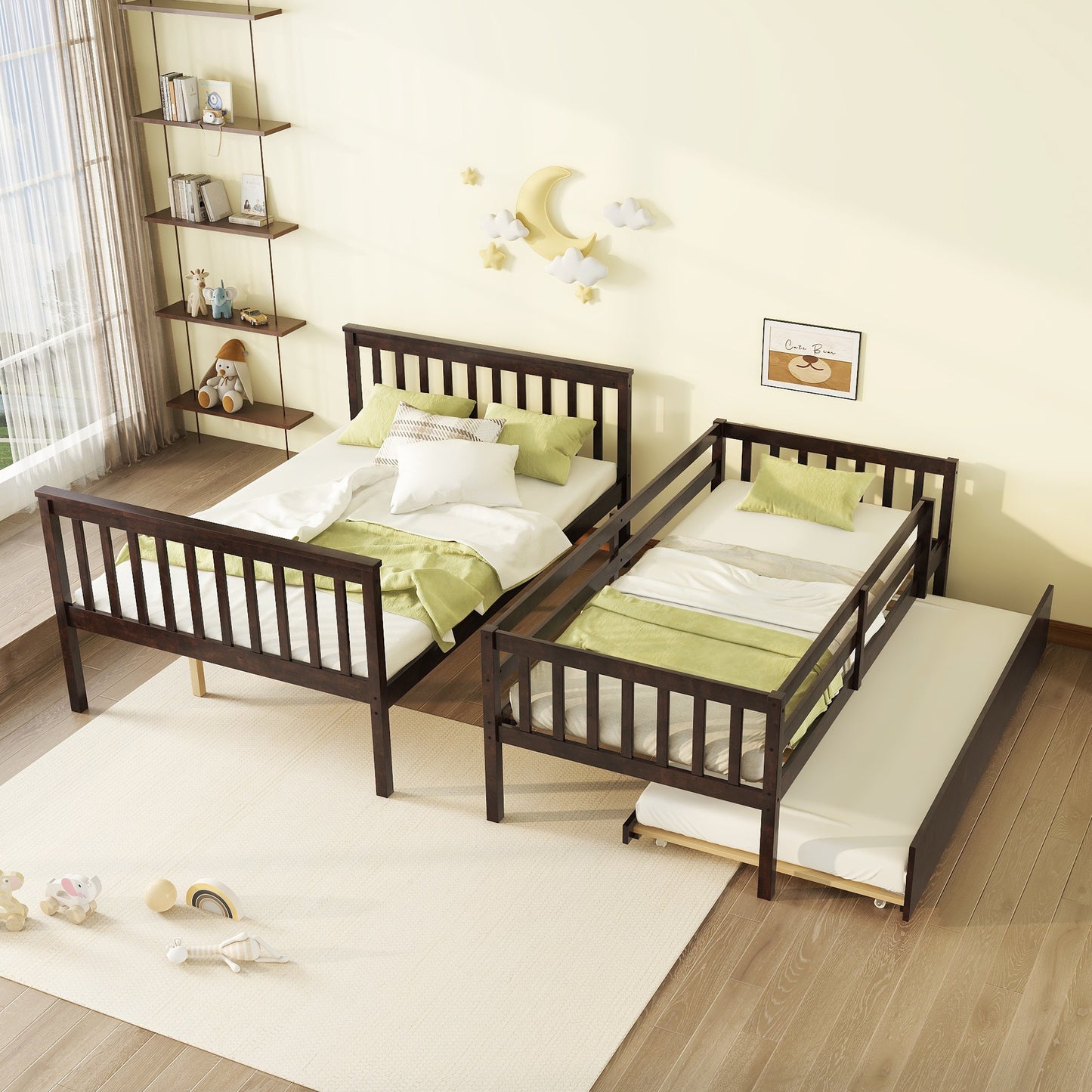 Dark brown twin daybed with trundle and green bedding for kids room