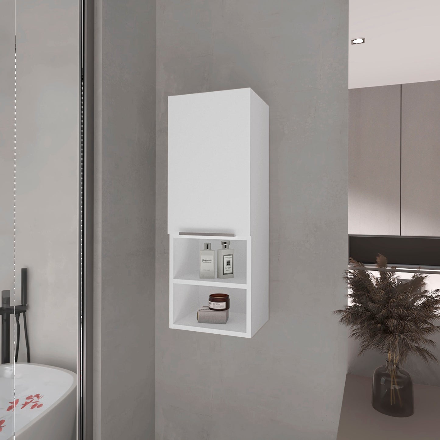 White wallmounted bathroom cabinet with open shelving for toiletries