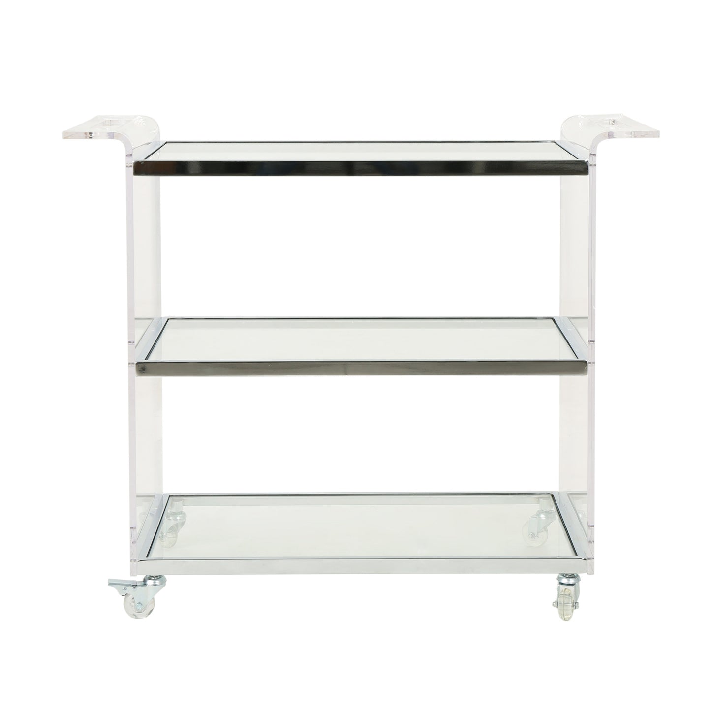 Clear acrylic bar cart with chrome accents and wheels